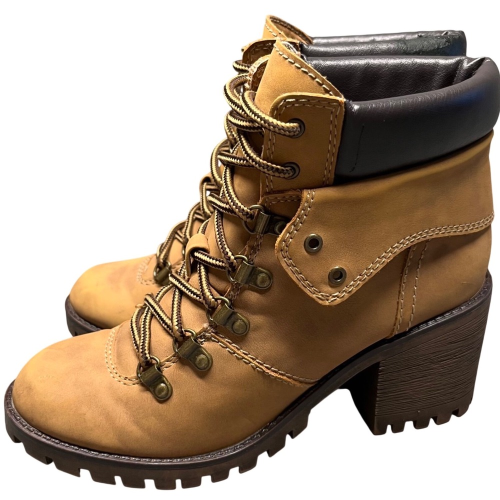 Womens Tan‎ Lace Up Chunky Heel Hiking Boots Size 8M